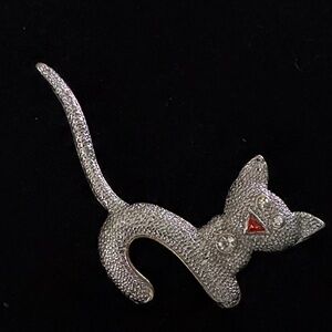 Vintage Silver Cat Brooch with Red Accents
